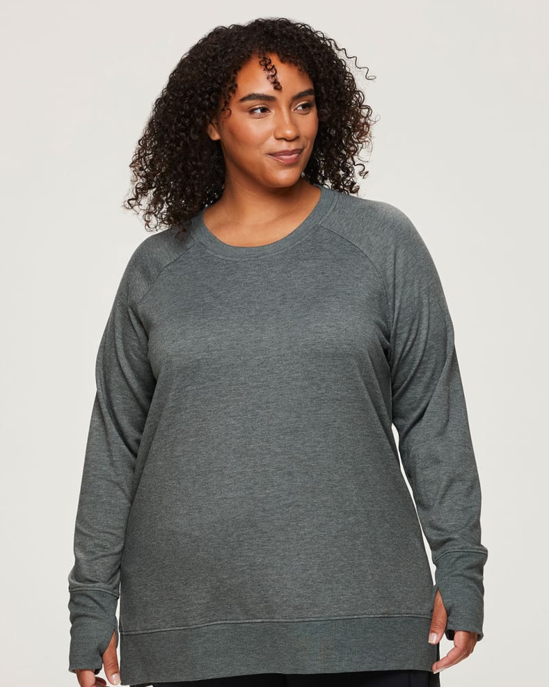 Front of a model wearing a size 1X Everyday Lightweight Sweatshirt in Blue-Green by RBX Active. | dia_product_style_image_id:244567